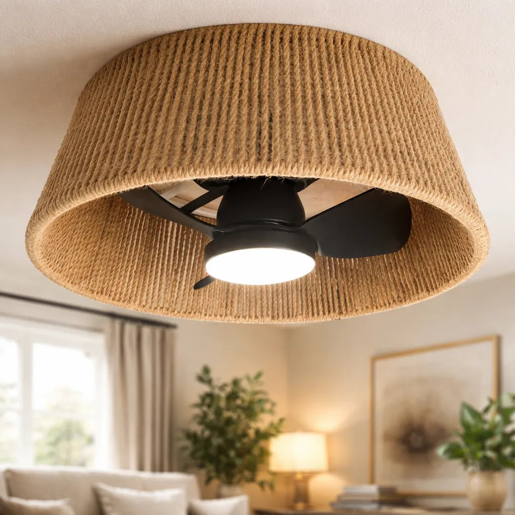 Lampara Ventilador Techo Rattan Led 3 Tonos Timer Revers