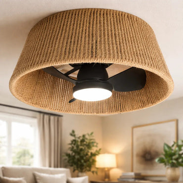 Lampara Ventilador Techo Rattan Led 3 Tonos Timer Revers